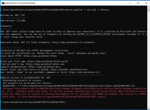 Ahead Of Time (AOT) compilation to native code in .NET 7